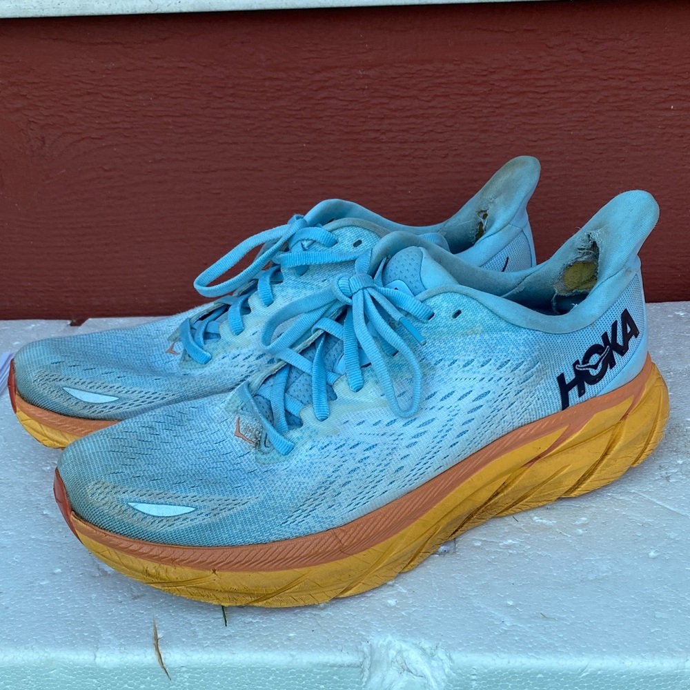 Hoka One One Clifton 8 Women’s Blue Sky Orange Athletic Sneakers Size 9.5B